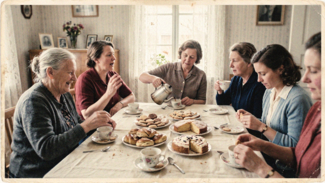 Traditional Swedish kafferep table with floral coffee cups, homemade buns, cakes and seven kinds of cookies in a warm mid-century home.