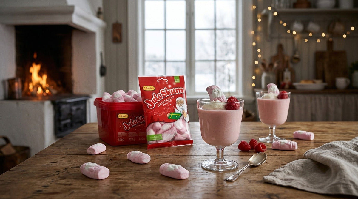 Swedish Skumtomtepannacotta with Cloetta Juleskum Original, raspberries and foam Santas in a cozy Scandinavian Christmas kitchen