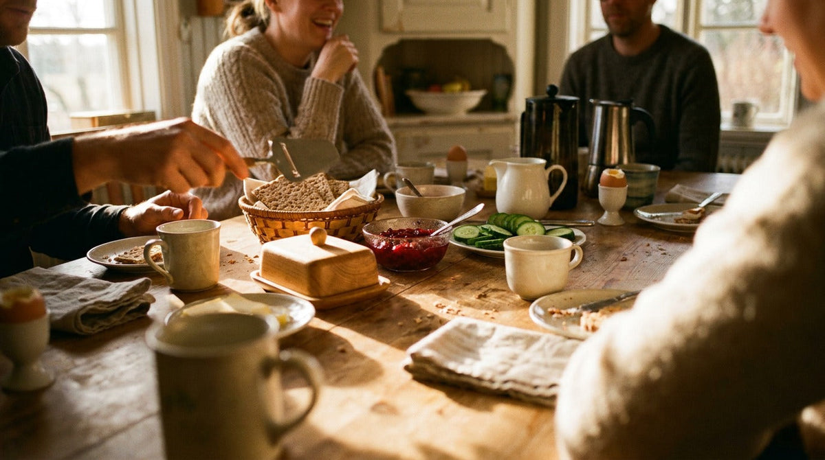 Swedish family breakfast around a wooden kitchen table with crispbread, cheese, eggs, cucumber, jam and coffee in warm morning sunlight