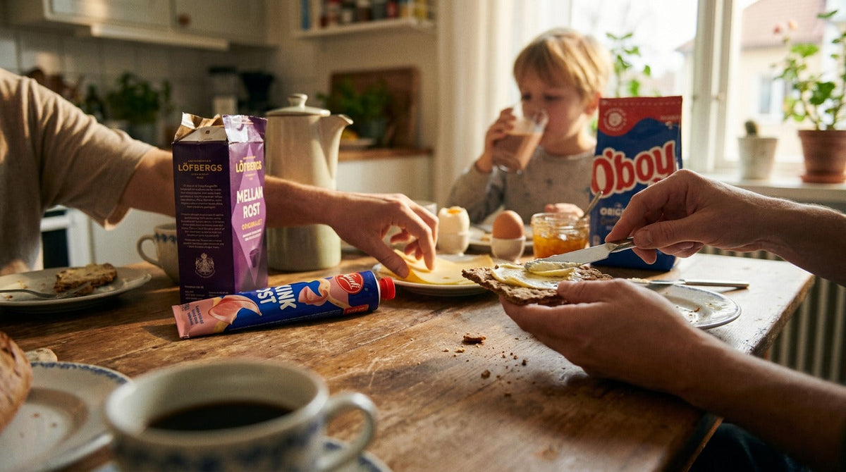 Warm Swedish family breakfast around a wooden table with Kalles Kaviar, crispbread, Swedish coffee, tube cheese, boiled eggs and marmalade in soft morning light.