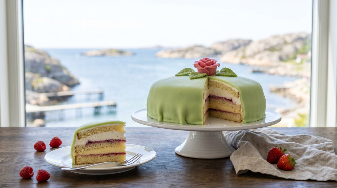 Authentic Swedish Prinsesstårta (princess cake) with green marzipan and pink rose – traditional Nordic celebration cake | Swedish Cravings