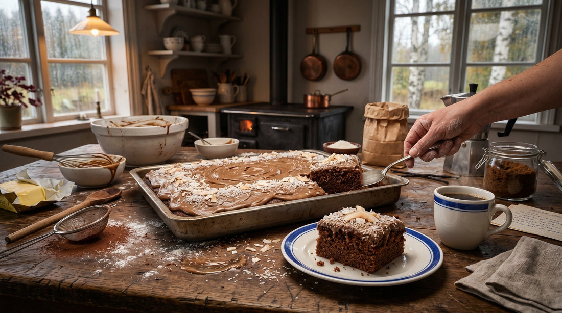 Authentic Swedish Kärleksmums (chocolate coconut cake squares) with chocolate frosting and shredded coconut – classic Nordic fika | Swedish Cravings