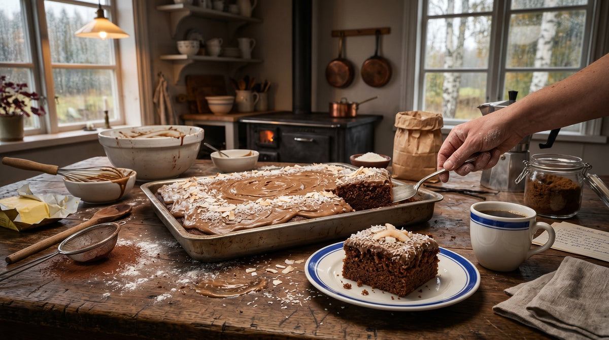 Authentic Swedish Kärleksmums (chocolate coconut cake squares) with chocolate frosting and shredded coconut – classic Nordic fika | Swedish Cravings