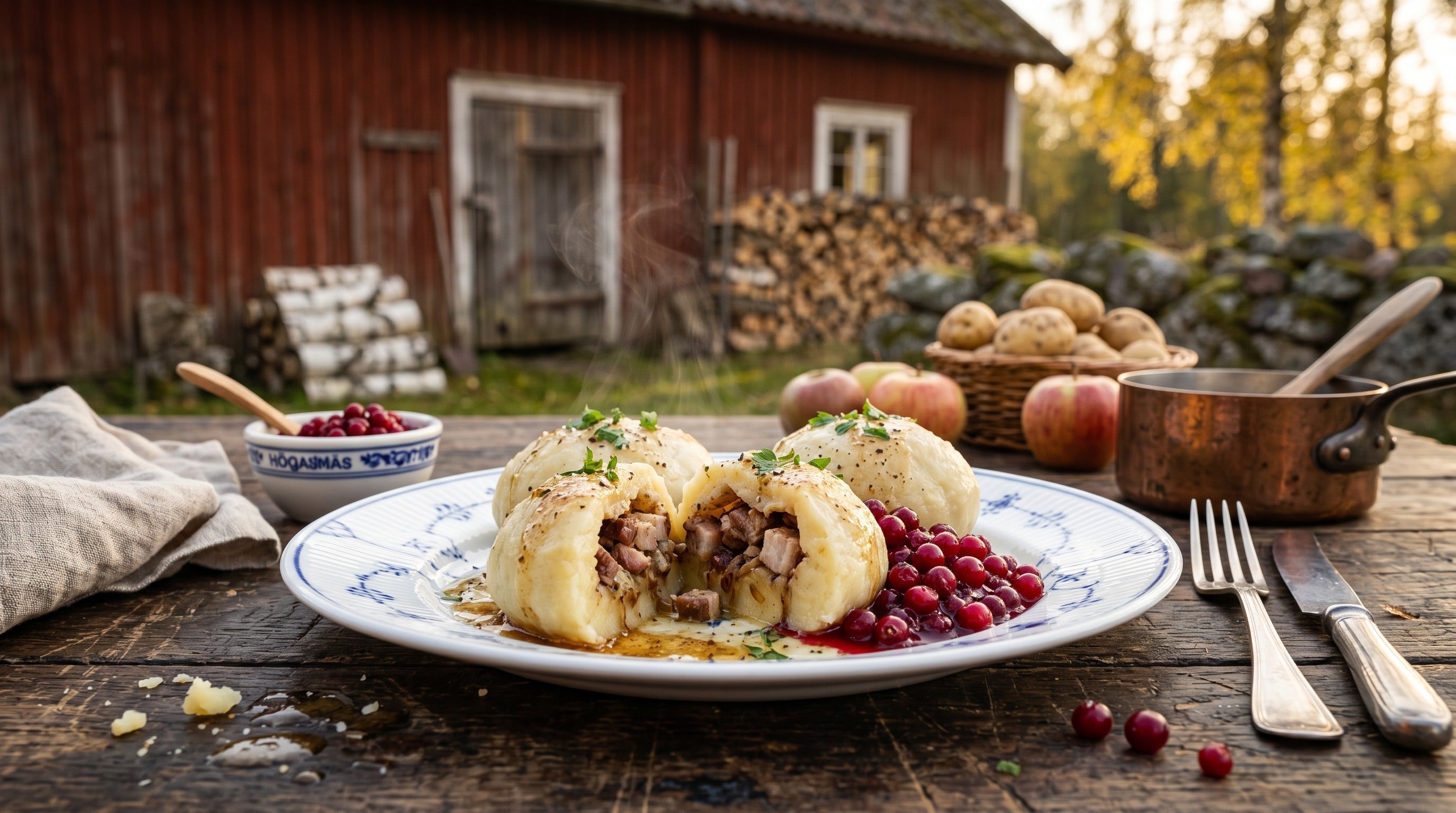 Authentic Swedish Småländska Kroppkakor (potato dumplings) filled with salt-cured pork served with lingonberries and butter – traditional Nordic dish | Swedish Cravings