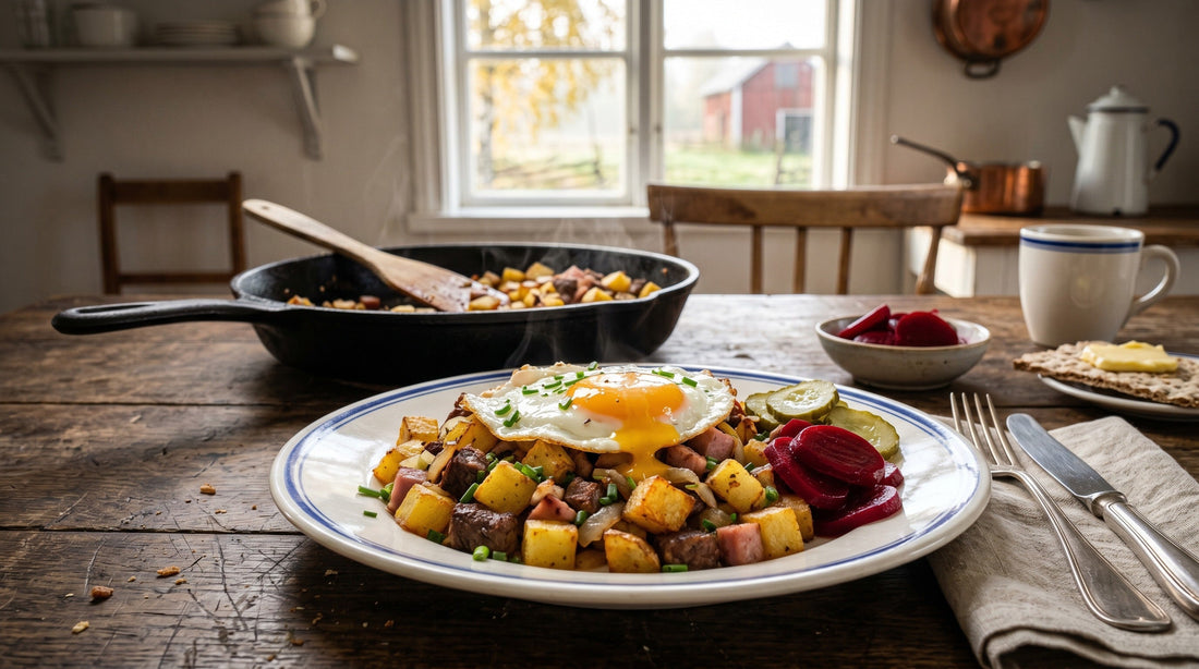 Authentic Swedish Pytt i Panna (hash) with diced potatoes, meat and onion served with a fried egg and pickled beetroot – classic Nordic comfort food | Swedish Cravings
