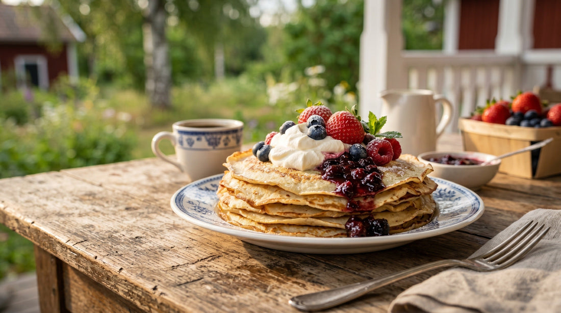 Authentic Swedish Pannkakor (thin pancakes) served with lingonberry jam and whipped cream – classic Nordic fika dessert | Swedish Cravings