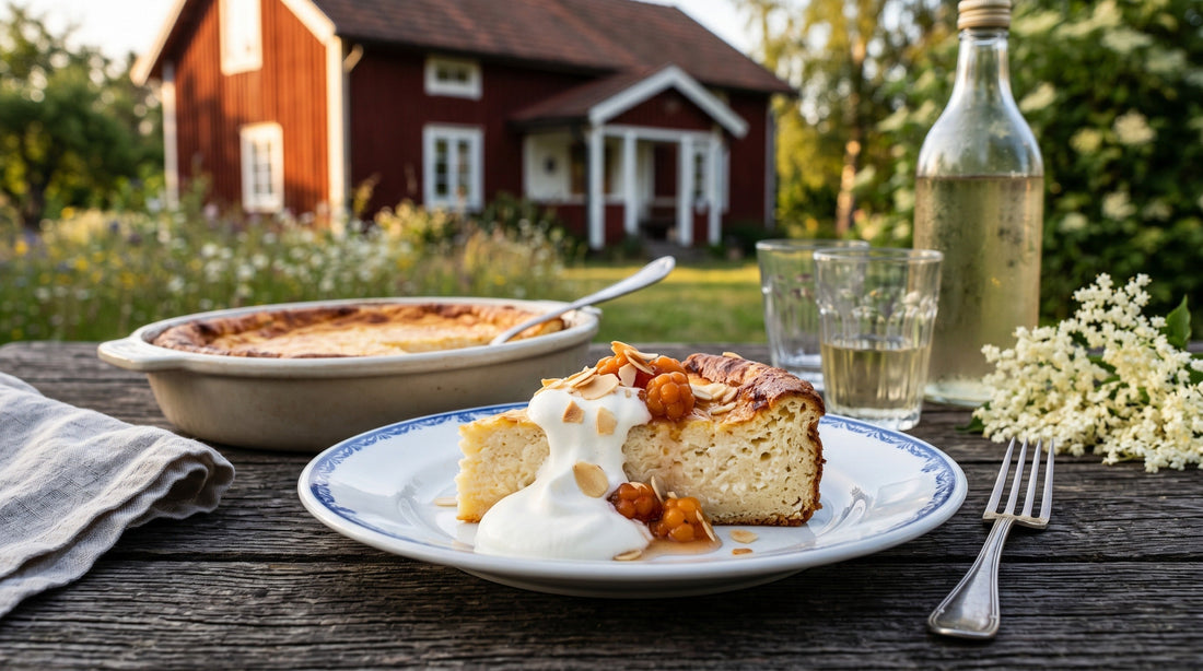 Authentic Swedish Småländsk Ostkaka (baked cheesecake) served with cloudberry jam – classic Nordic dessert from Småland | Swedish Cravings