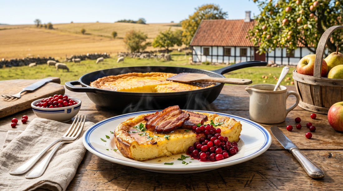 Authentic Swedish Skånsk Äggakaka (Scanian egg cake) served with lingonberries and crispy pork – traditional regional Nordic dish | Swedish Cravings