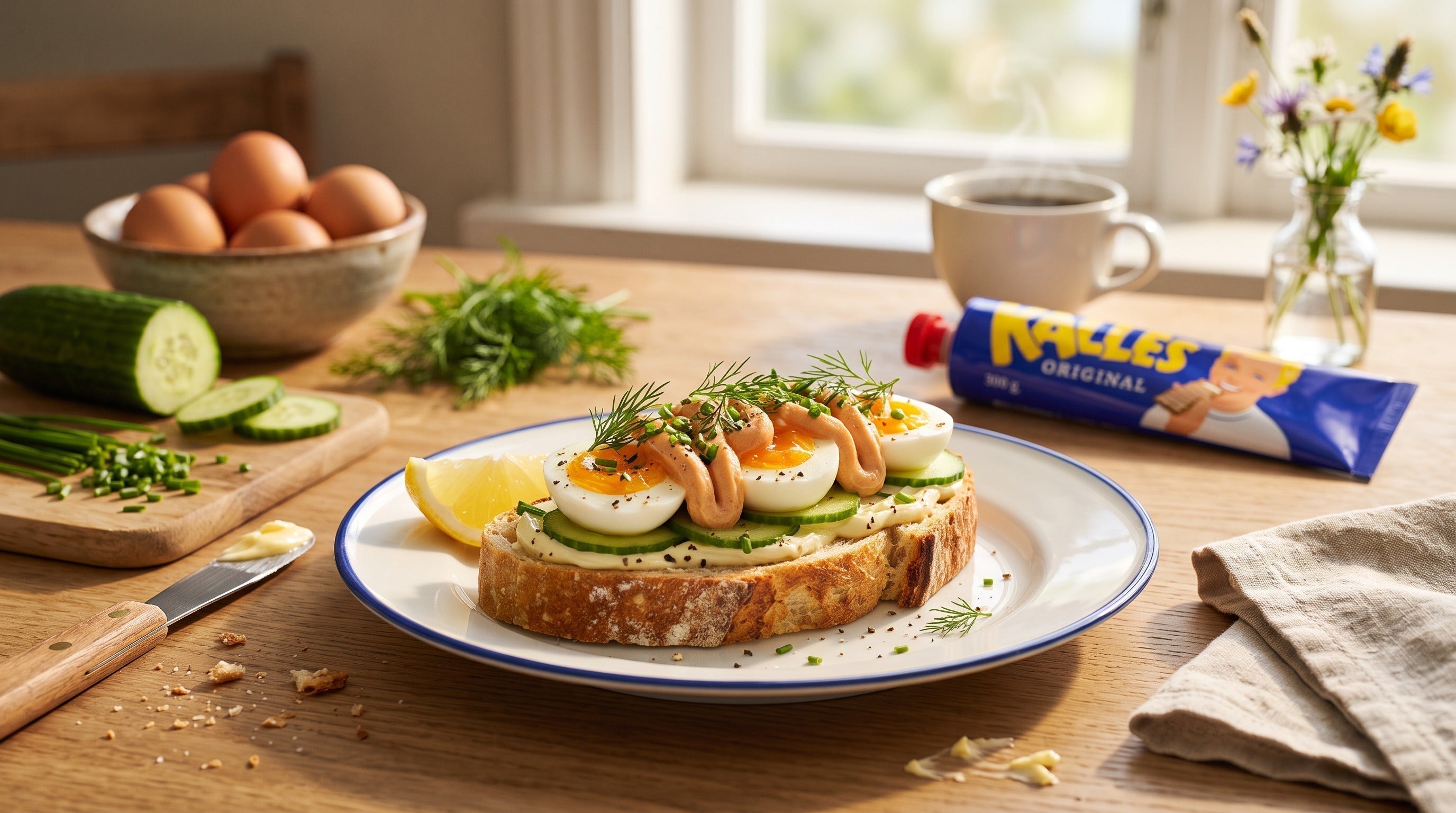 Classic Swedish smörgås with Kalles Kaviar, boiled eggs, cucumber and fresh dill on sourdough bread