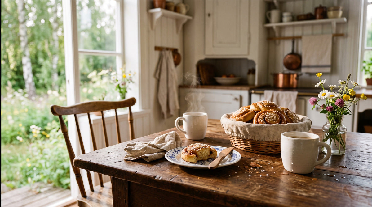 Traditional Swedish fika with freshly brewed coffee and homemade cinnamon buns on a rustic farmhouse table in a sunlit Swedish kitchen.