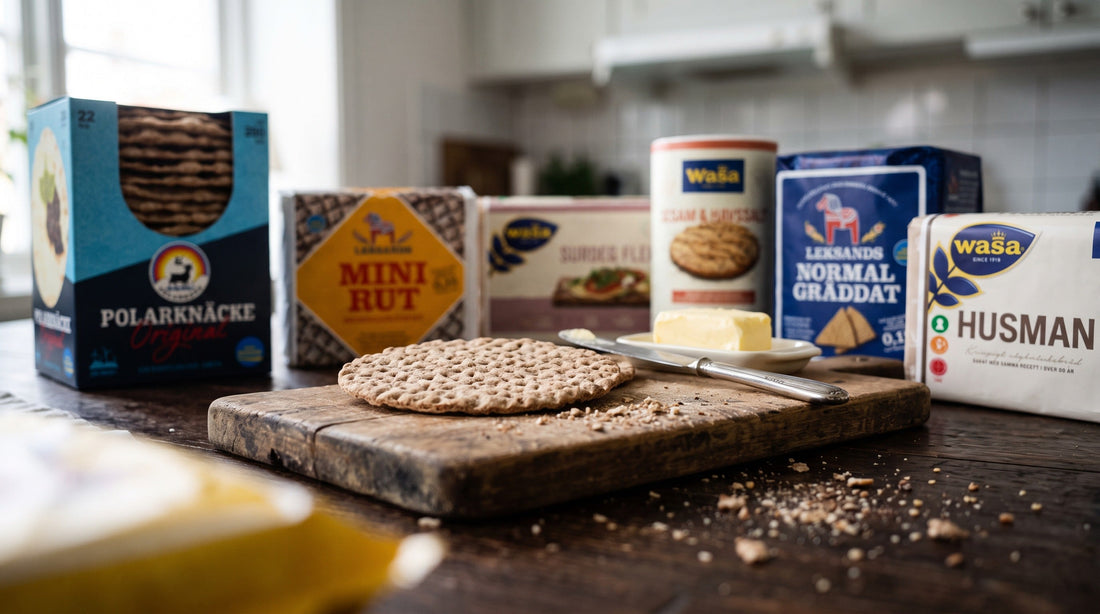 Assortment of Swedish knäckebröd brands displayed in a bright Scandinavian kitchen, with round rye crispbread, butter and a silver knife on a rustic wooden cutting board.