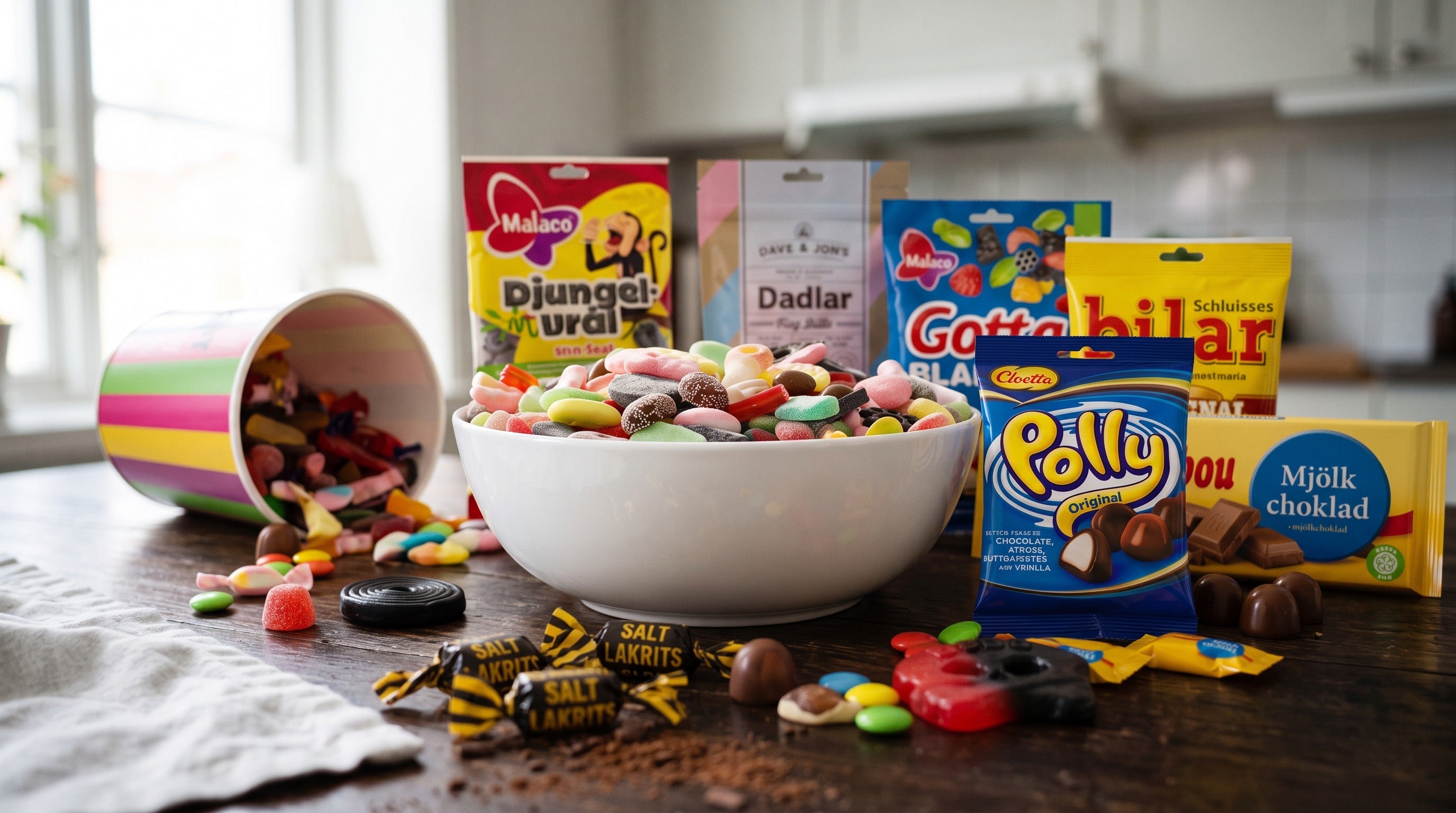Colourful assortment of Swedish candy displayed in a bright Scandinavian kitchen, with a bowl of pick-and-mix sweets, salty liquorice, chocolate and packaged candy brands on a rustic wooden table.