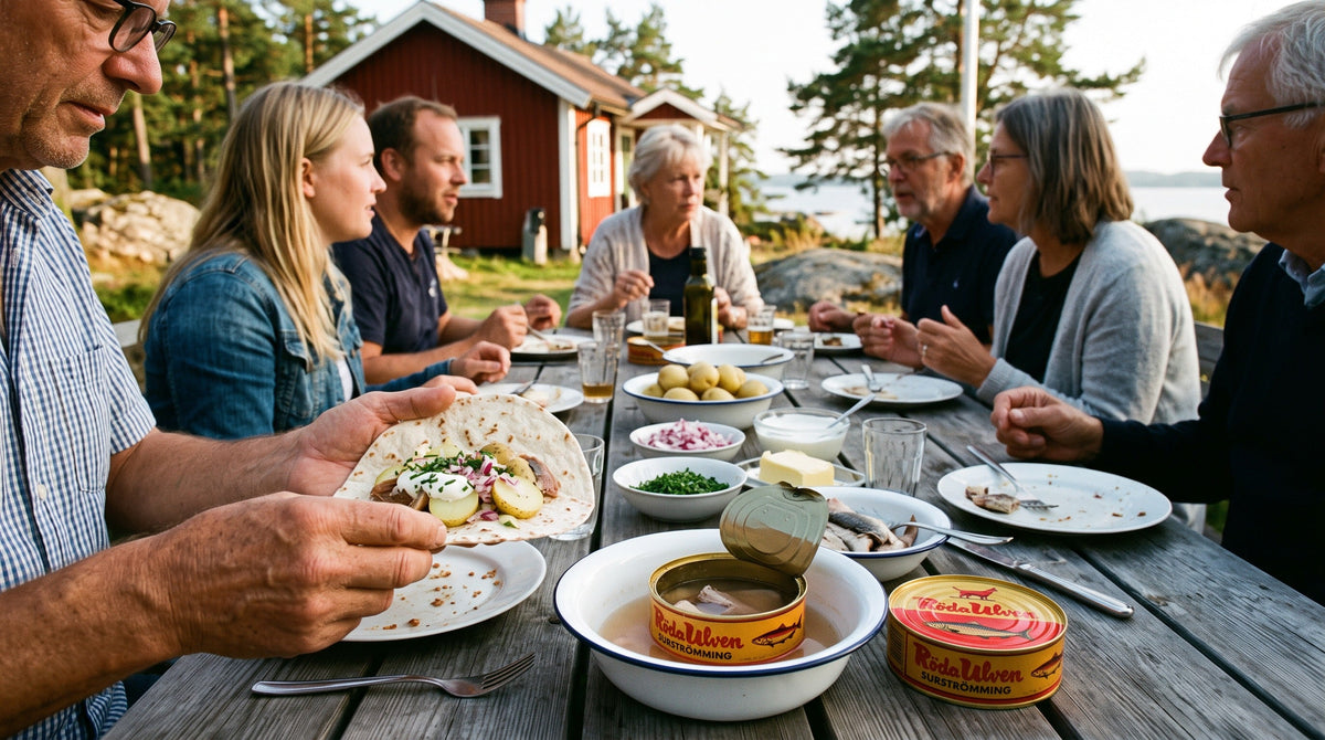 Traditional Swedish surströmmingsskiva outdoors with fermented herring, tunnbröd, boiled potatoes, onion, sour cream and chives on a late-summer table.