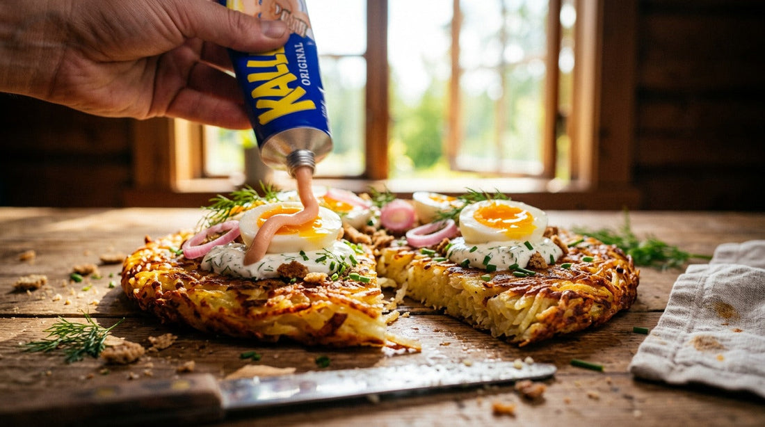 Golden Kalles Kaviar potato rösti with jammy eggs, dill crème fraîche, pickled shallots and rye crunch