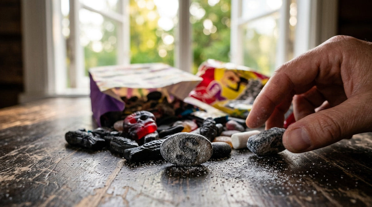 Swedish salty licorice and salmiak candy spilling from a paper bag onto a rustic wooden table.