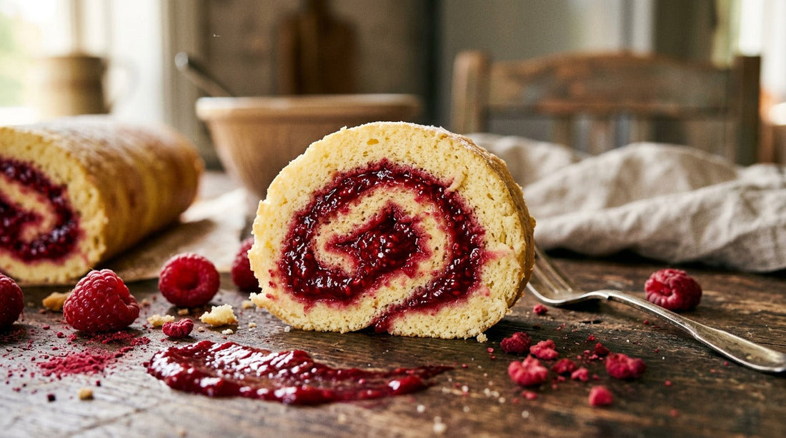 Swedish Cravings Hallonexplosion raspberry rulltårta with concentrated raspberry filling, raspberry sugar and fresh berries.