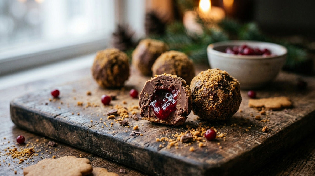Homemade Swedish Julgömmor chocolate truffles coated in crushed pepparkakor, with a rich milk chocolate ganache and hidden ruby-red lingonberry filling, served on a rustic wooden board in a cozy Swedish Christmas setting.