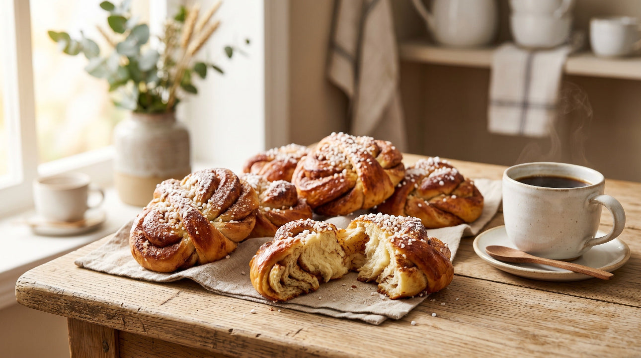 Freshly baked Swedish Kanelbullar (cinnamon buns) with pearl sugar served with coffee – authentic Swedish fika | Swedish Cravings