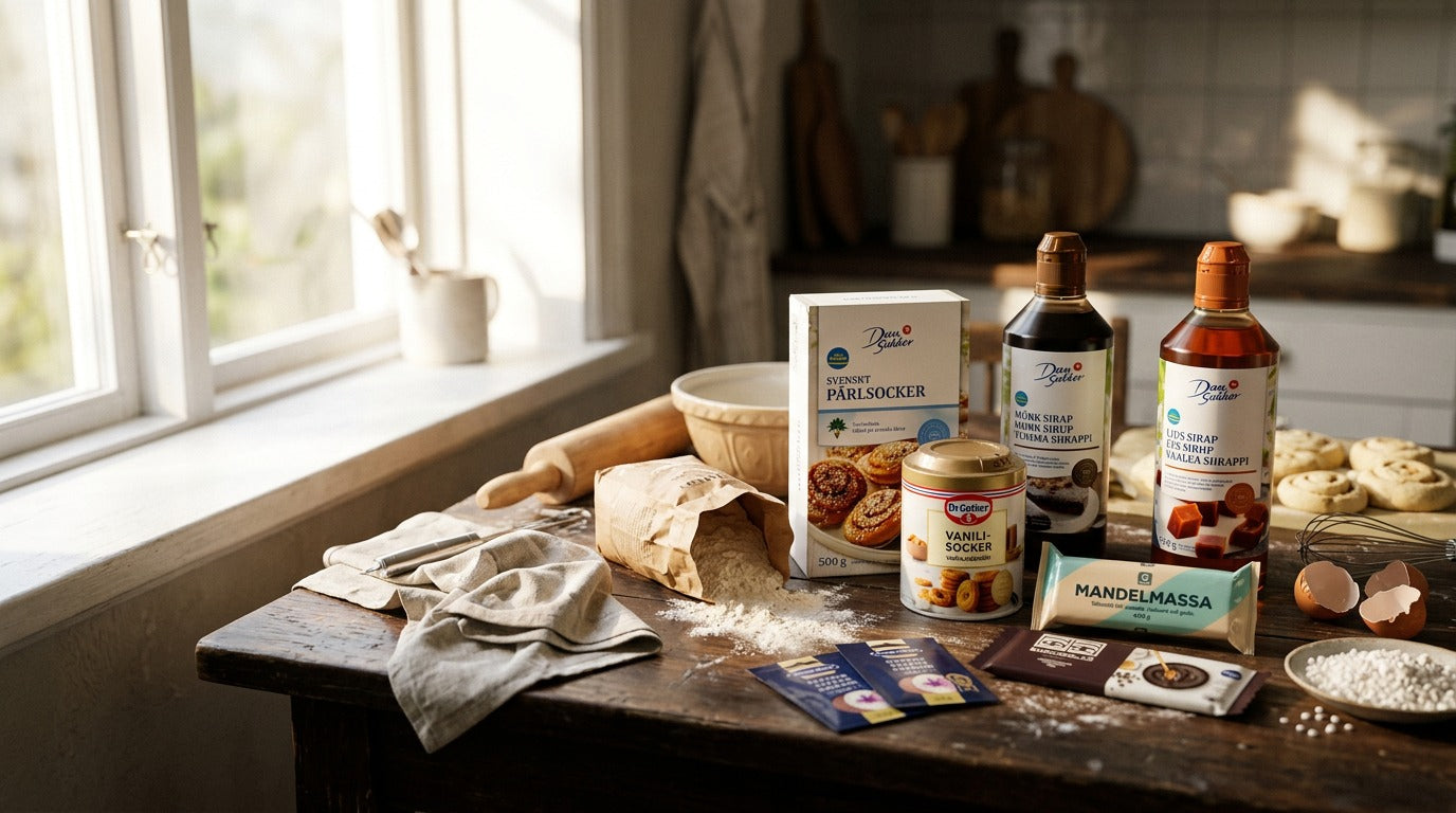 Swedish baking ingredients including pearl sugar, vanilla sugar, light and dark syrup, almond paste, baking chocolate and saffron arranged in a warm Scandinavian kitchen.