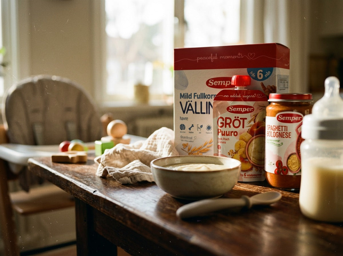 Swedish baby and toddler foods, välling, porridge pouch, baby meal and bottle on a sunlit wooden table in a warm Scandinavian kitchen.