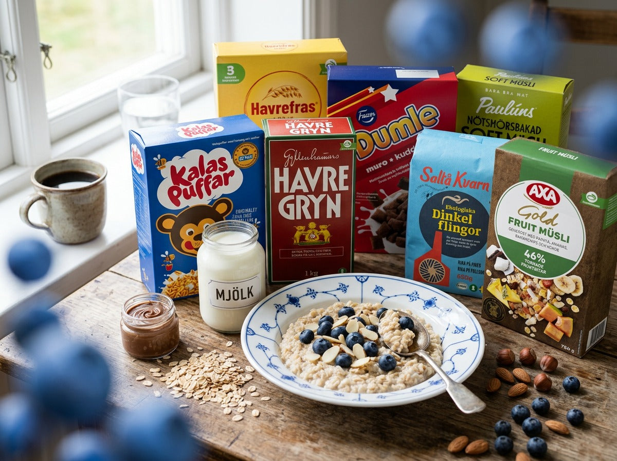 Authentic Nordic breakfast cereals including Fazer Dumle Muro caramel-filled whole grain pillows for a Scandinavian morning | Swedish Cravings