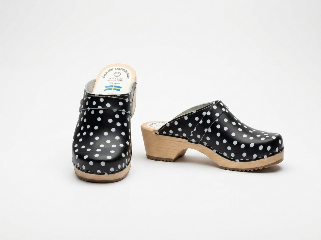 Calmare Swedish Wooden Clogs "Dark Blue Dots" – Handmade Genuine Leather Clogs with Alder Wood Sole | Made in Sweden