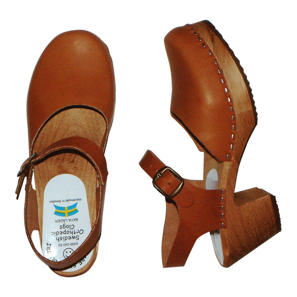 Swedish Wooden Clogs Asia High Natur Brown – Handmade in Sweden | Genuine Leather | 7cm High Heel