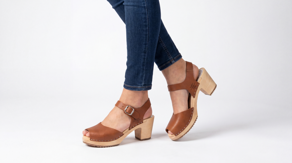 Hedda High Natur Swedish Wooden Clogs – Handmade in Sweden | Genuine Natural Leather | 7cm High Heel