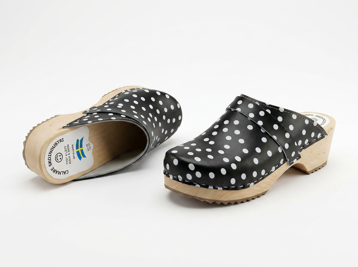 Calmare Swedish Wooden Clogs "Dark Blue Dots" – Handmade Genuine Leather Clogs with Alder Wood Sole | Made in Sweden