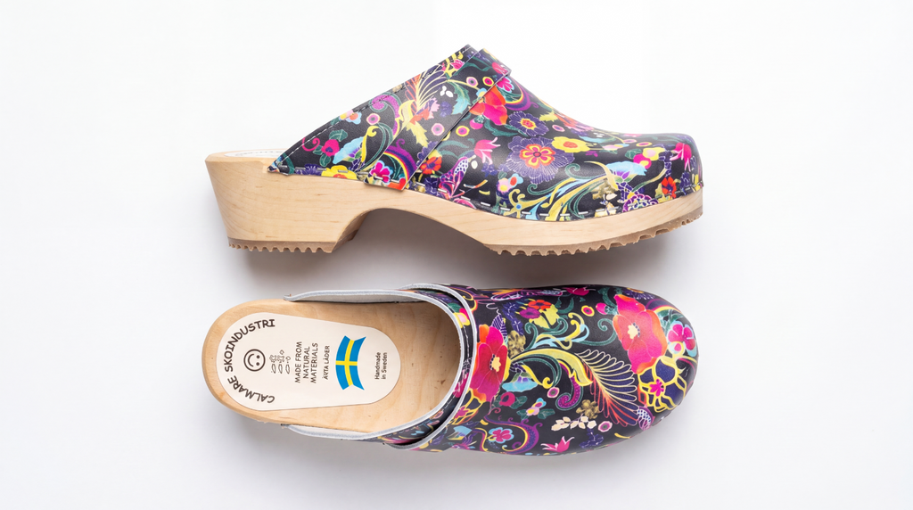 Swedish Wooden Clogs "Dala" – Handmade Floral Leather Clogs with Alder Wood Sole | Made in Sweden
