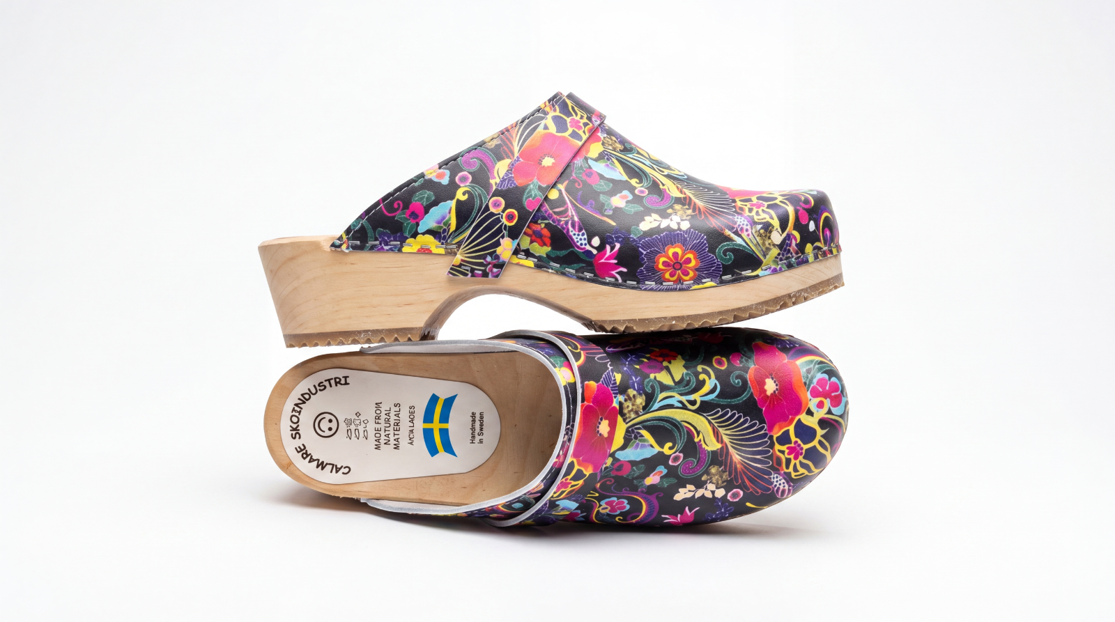 Swedish Wooden Clogs "Dala" – Handmade Floral Leather Clogs with Alder Wood Sole | Made in Sweden
