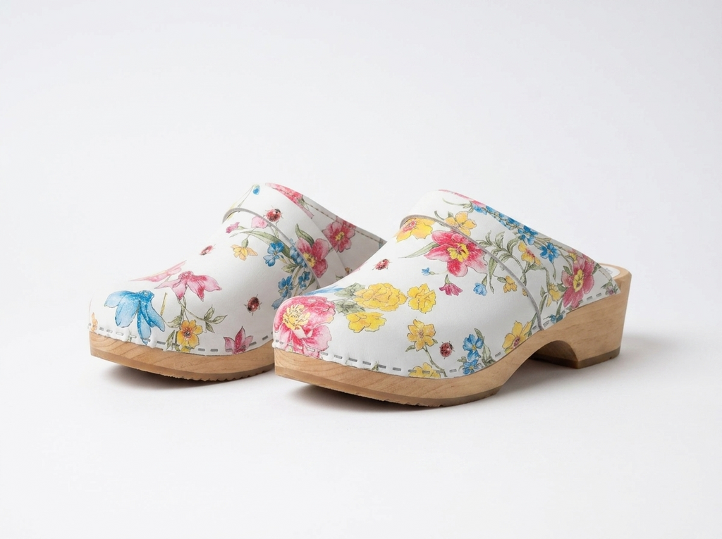 Swedish Wooden Clogs "Sommarblomma" – Handmade Floral Leather Clogs with Alder Wood Sole | Made in Sweden