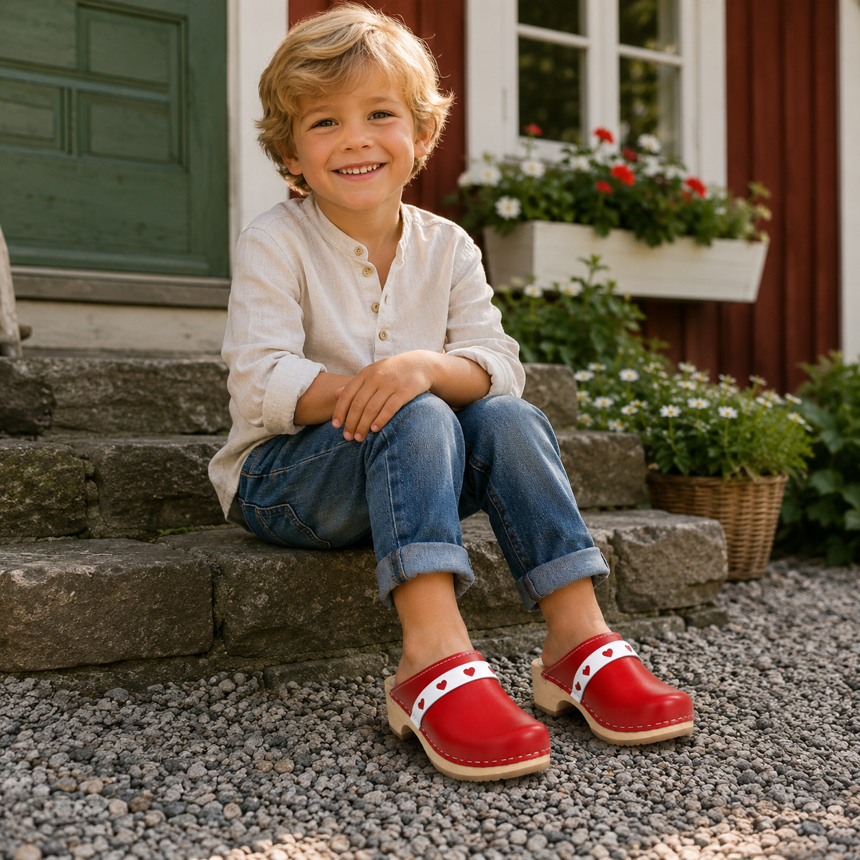 Original Red with Hearts Swedish Wooden Clogs – Handmade in Sweden | Genuine Leather & Alder Wood