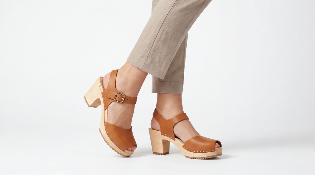 Hedda High Natur Swedish Wooden Clogs – Handmade in Sweden | Genuine Natural Leather | 7cm High Heel