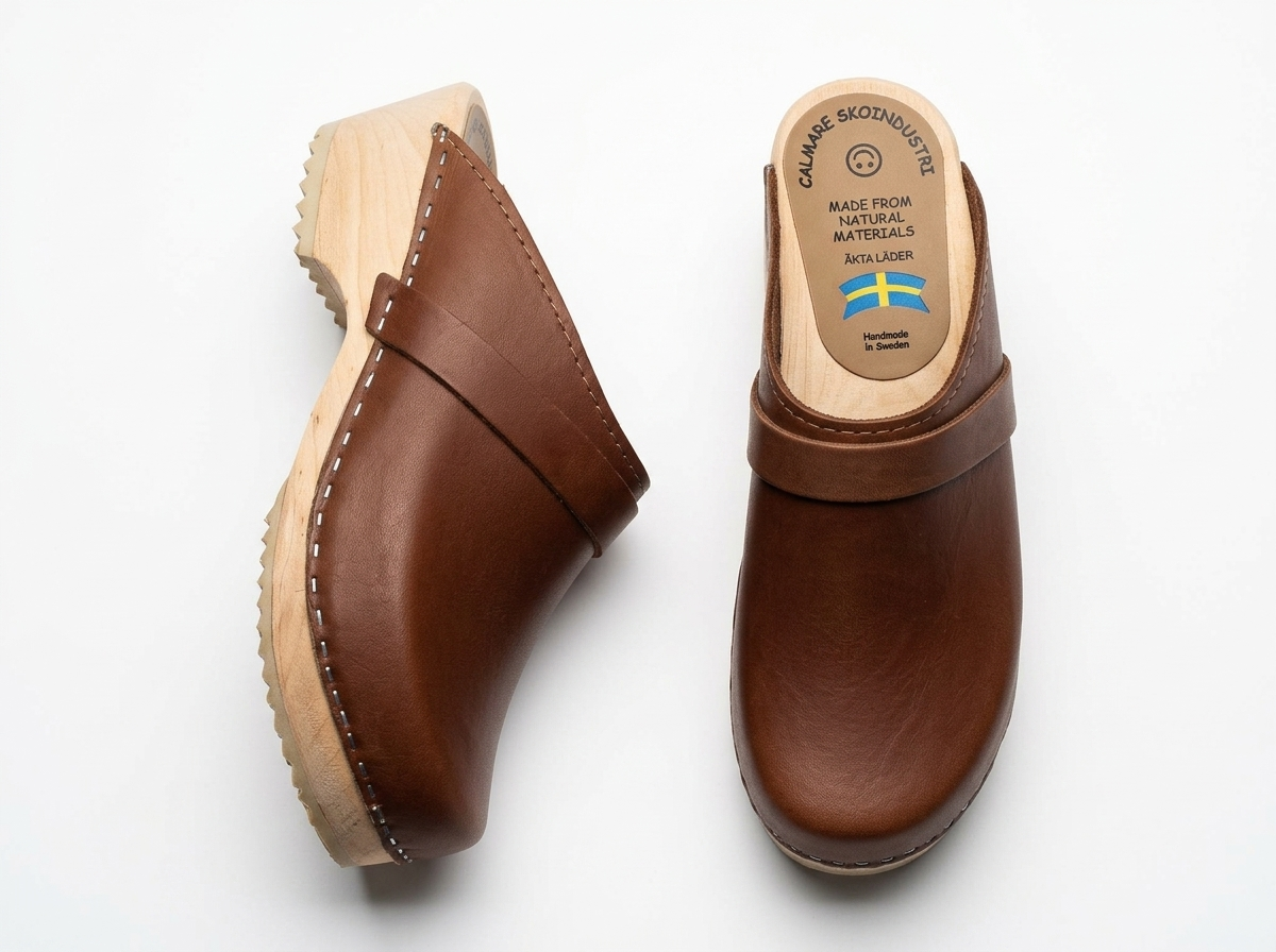 Calmare Swedish Wooden Clogs "Original Natur" – Handmade Genuine Leather Clogs with Alder Wood Sole | Made in Sweden