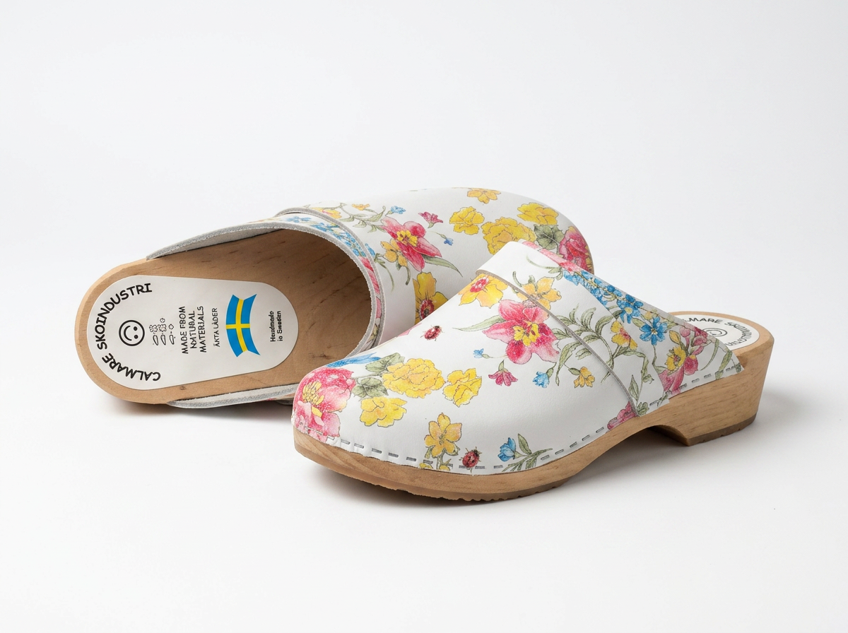 Swedish Wooden Clogs "Sommarblomma" – Handmade Floral Leather Clogs with Alder Wood Sole | Made in Sweden