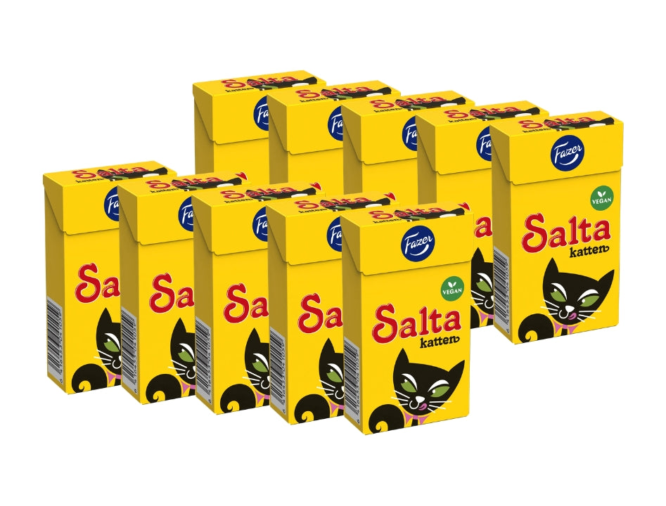 10 x Fazer Salta Katten Tablettask 38g – ten yellow candy boxes with black cat illustration and Fazer logo arranged in two rows, vegan salmiak and salty licorice pastilles from Finland, 380g total
