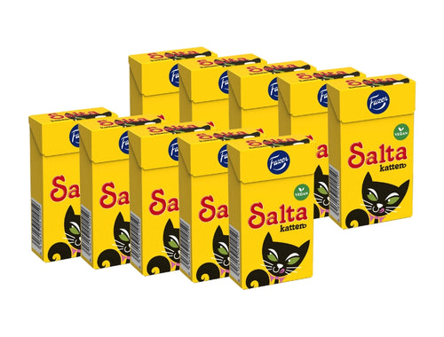 10 x Fazer Salta Katten Tablettask 38g – ten yellow candy boxes with black cat illustration and Fazer logo arranged in two rows, vegan salmiak and salty licorice pastilles from Finland, 380g total
