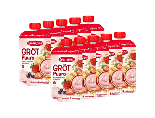 10 x Semper Gröt med Jordgubb, Banan & Blåbär – Swedish Oat Porridge Pouches for Babies from 6 Months, 10 x 120g

