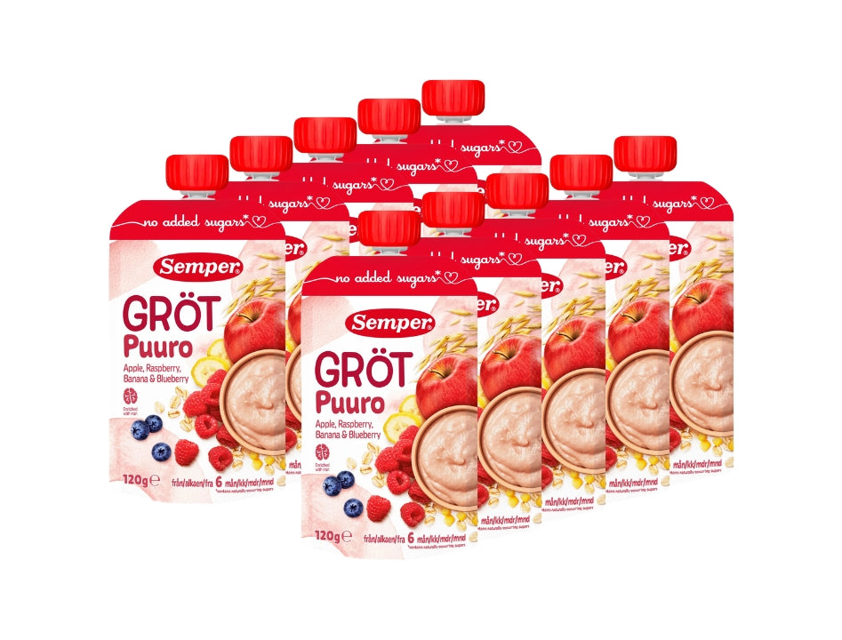 10 x Semper Gröt med Äpple, Hallon, Banan & Blåbär – Swedish Oat Porridge Pouches for Babies from 6 Months, 10 x 120g

