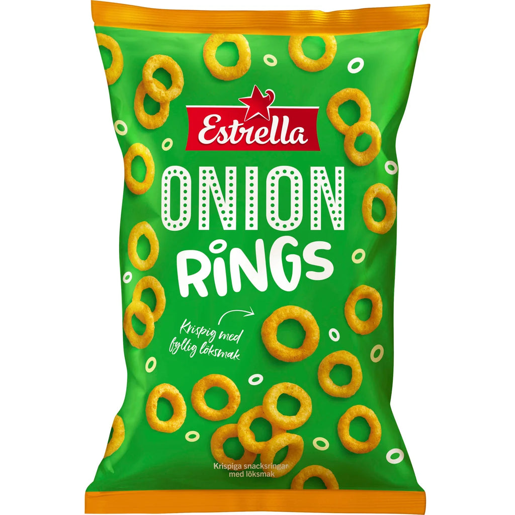 Estrella Onion Rings 4 × 200g (4 × 7.05 oz) – Authentic Swedish Crispy Onion-Flavored Corn Snacks