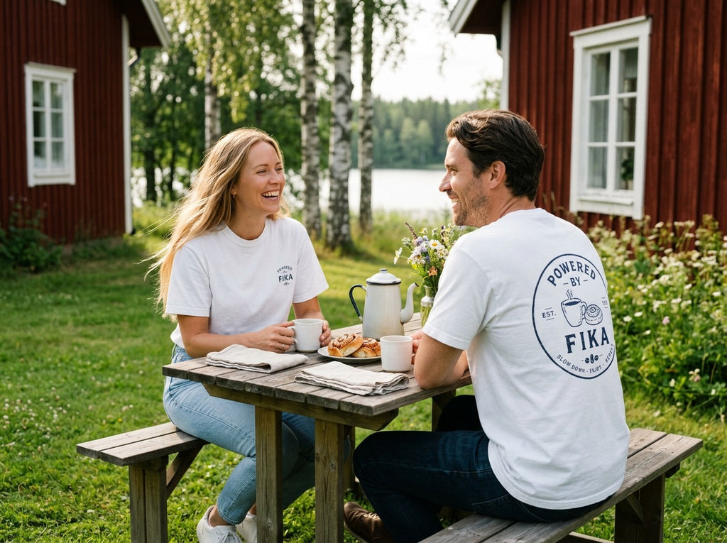 Powered by Fika™ – Slow Down • Enjoy • Repeat - Unisex T-shirt