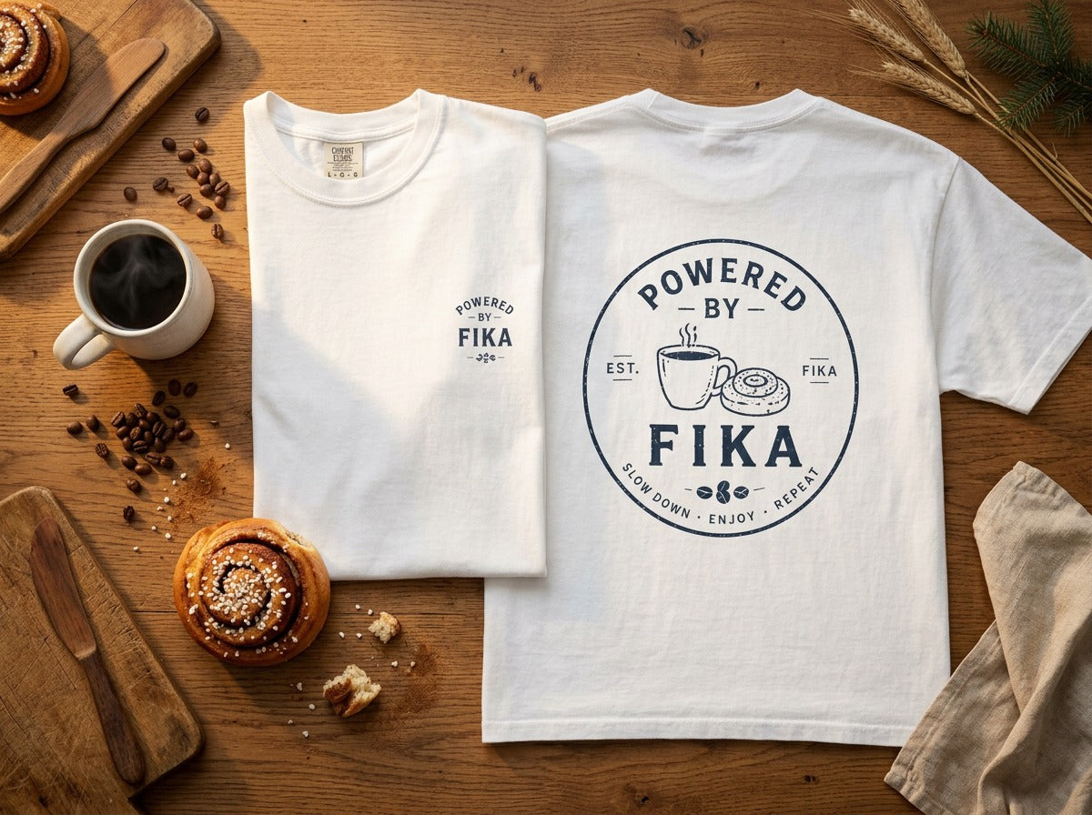 Powered by Fika™ – Slow Down • Enjoy • Repeat - Unisex T-shirt