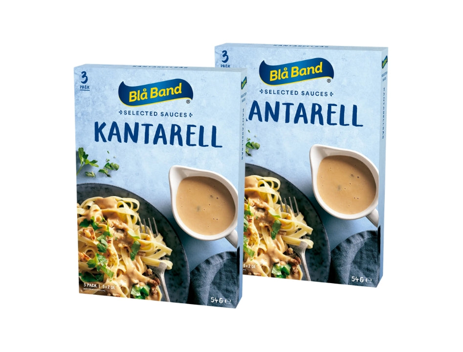 2 x Blå Band Kantarellsås Selected Sauces 3-Pack 54g – two light blue sauce mix boxes side by side showing creamy chanterelle pasta on the front, Blå Band logo, 3 sachets per box, 108g total dry weight
