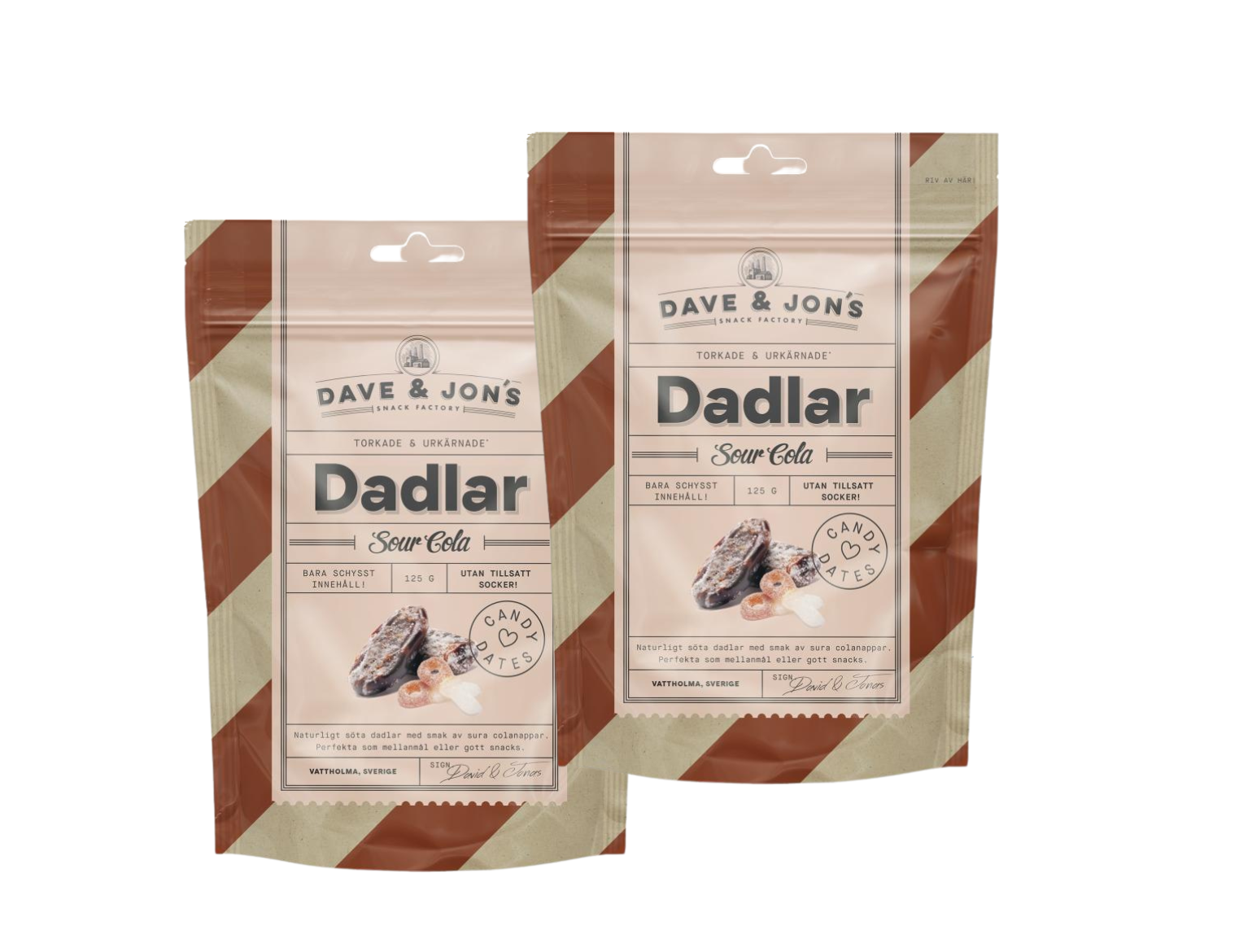 2 x Dave & Jon's Dadlar Sour Cola 125g – Swedish sour cola flavored dates in striped pouches, no added sugar, vegan
