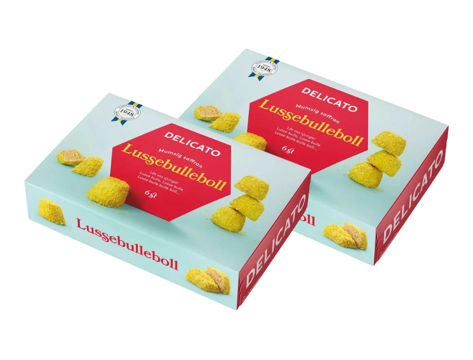 2 x Delicato Lussebulleboll 6-Pack 240g Swedish vegan saffron oat balls with white glaze and yellow coconut