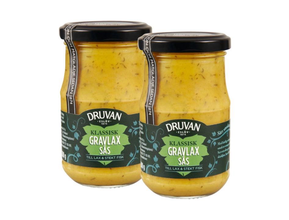 2 x Druvan Gravlaxsås 200g Swedish sweet mustard and dill sauce jars for gravlax smoked salmon fish and seafood