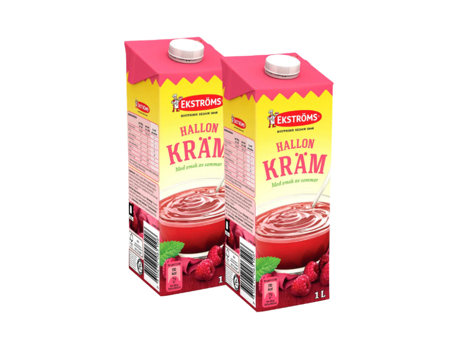 2 x Ekströms Hallonkräm 1L Swedish smooth raspberry fruit cream ready to serve with cold milk or cream