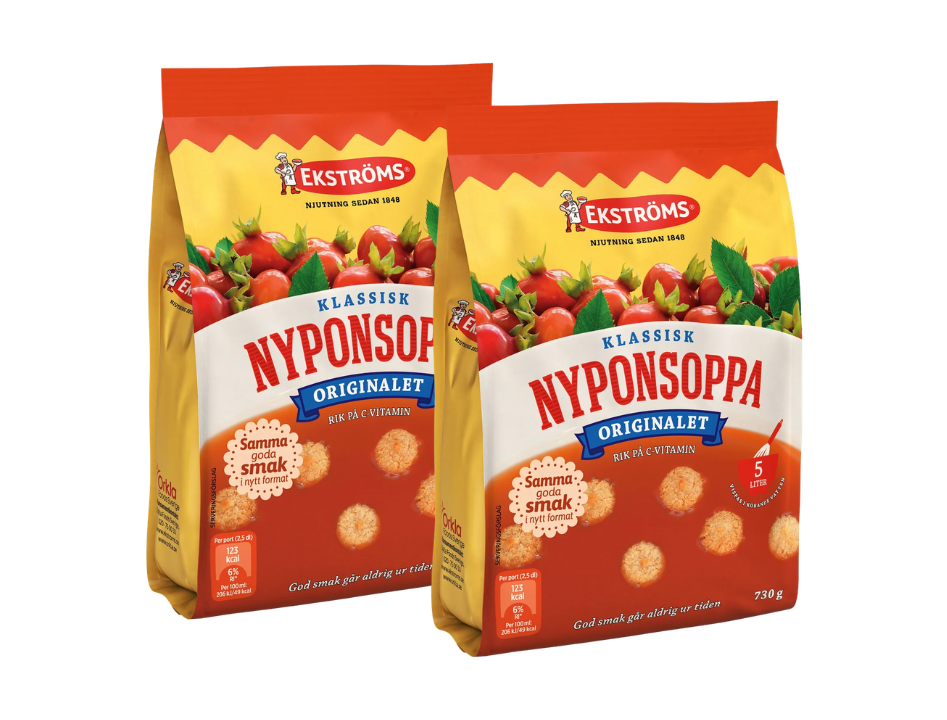 2 x Ekströms Klassisk Nyponsoppa 730g – Swedish classic rosehip soup powder, rich in vitamin C, makes 5 litres per bag
