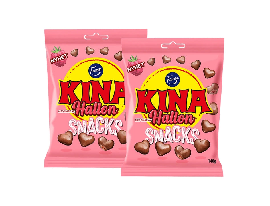 2 x Fazer Kina Snacks Hallon 140g bags – crispy raspberry chocolate-coated wheat puffs from Fazer
